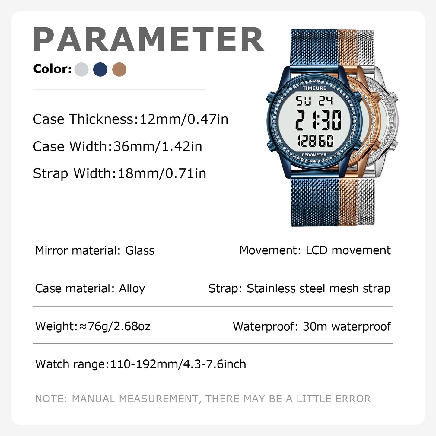 TIMEURE Ladies' Waterproof Pedometer Watch 2401-Steel Tape Crystals