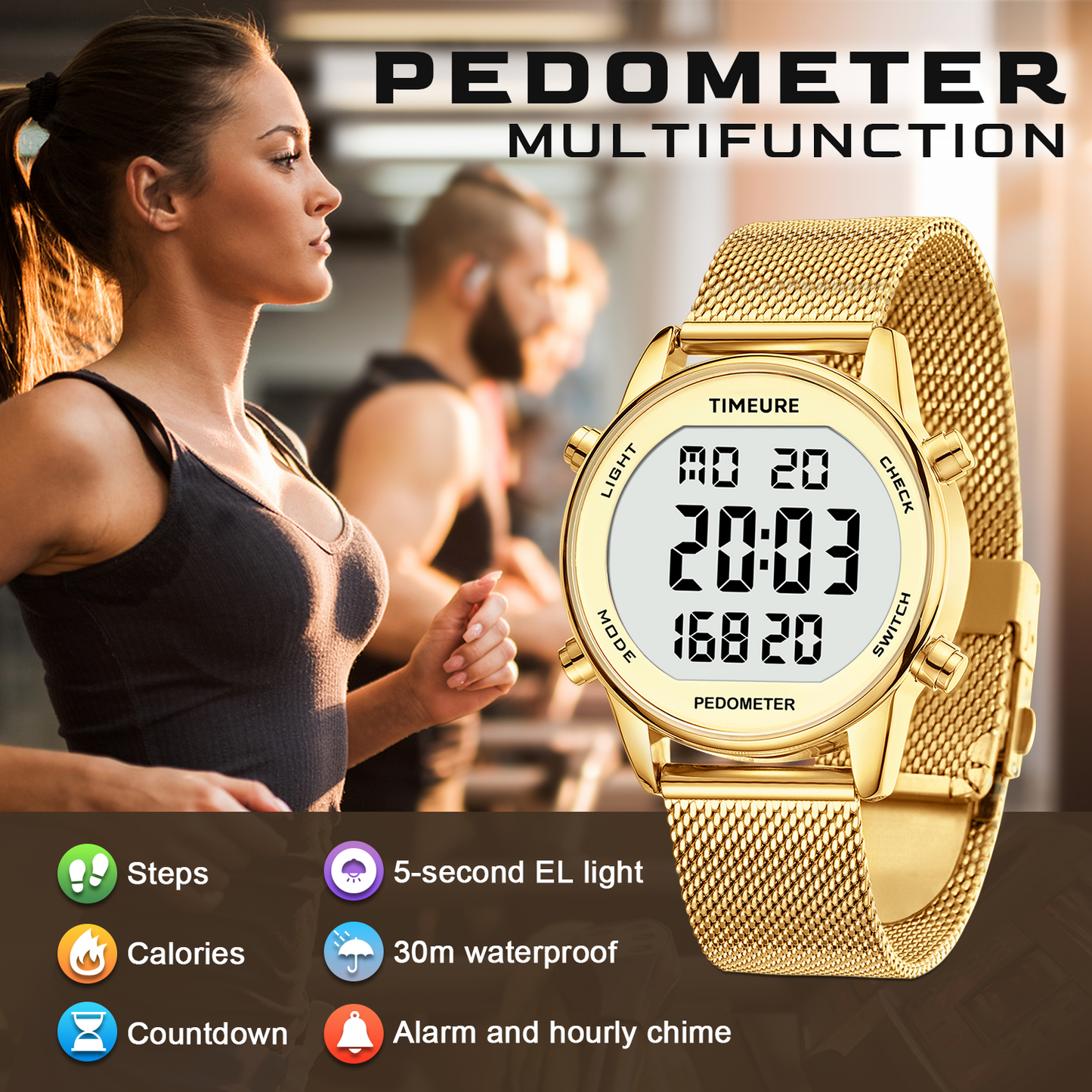 TIMEURE Ladies' Waterproof Pedometer Watch 2401-Steel Tape