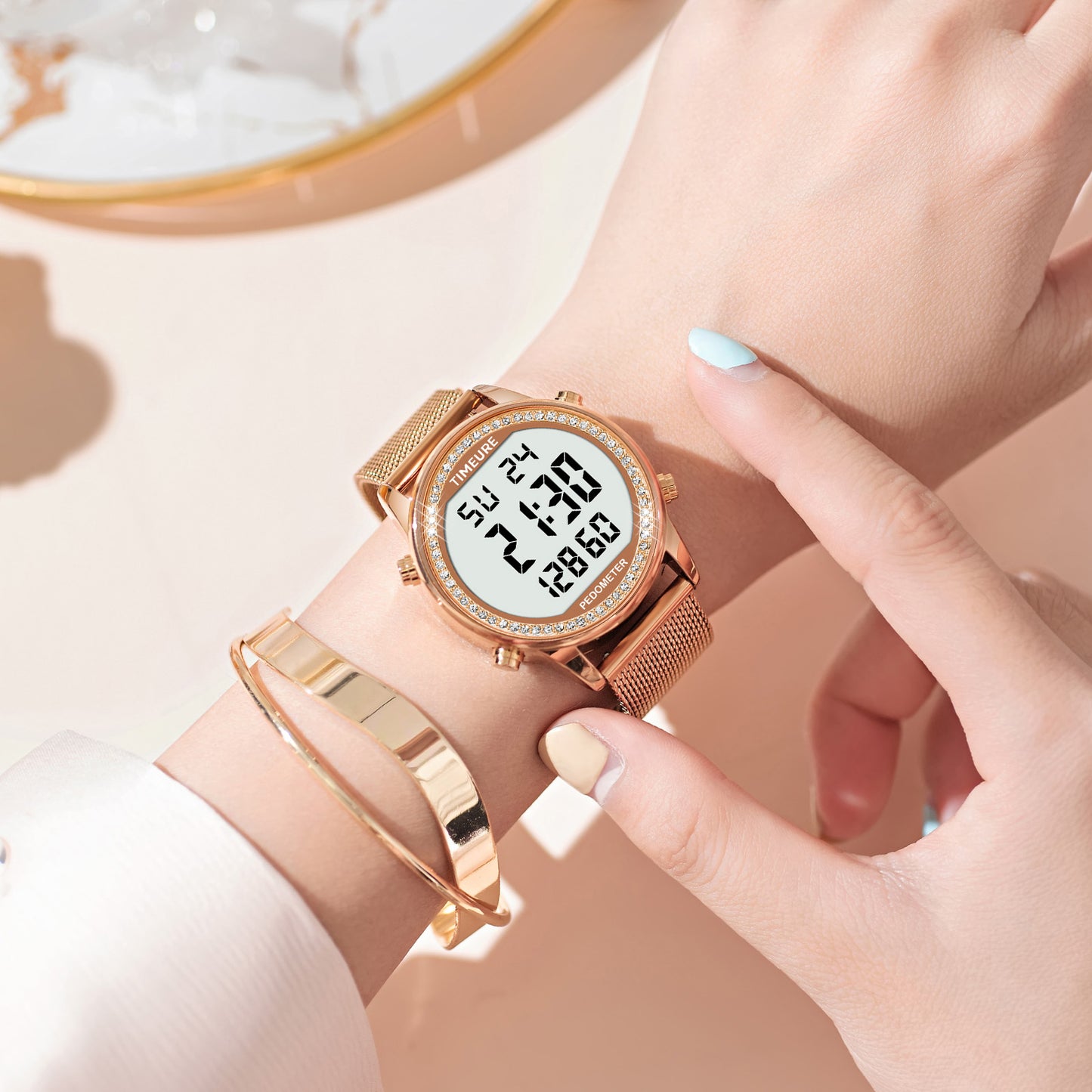 TIMEURE Ladies' Waterproof Pedometer Watch 2401-Steel Tape Crystals