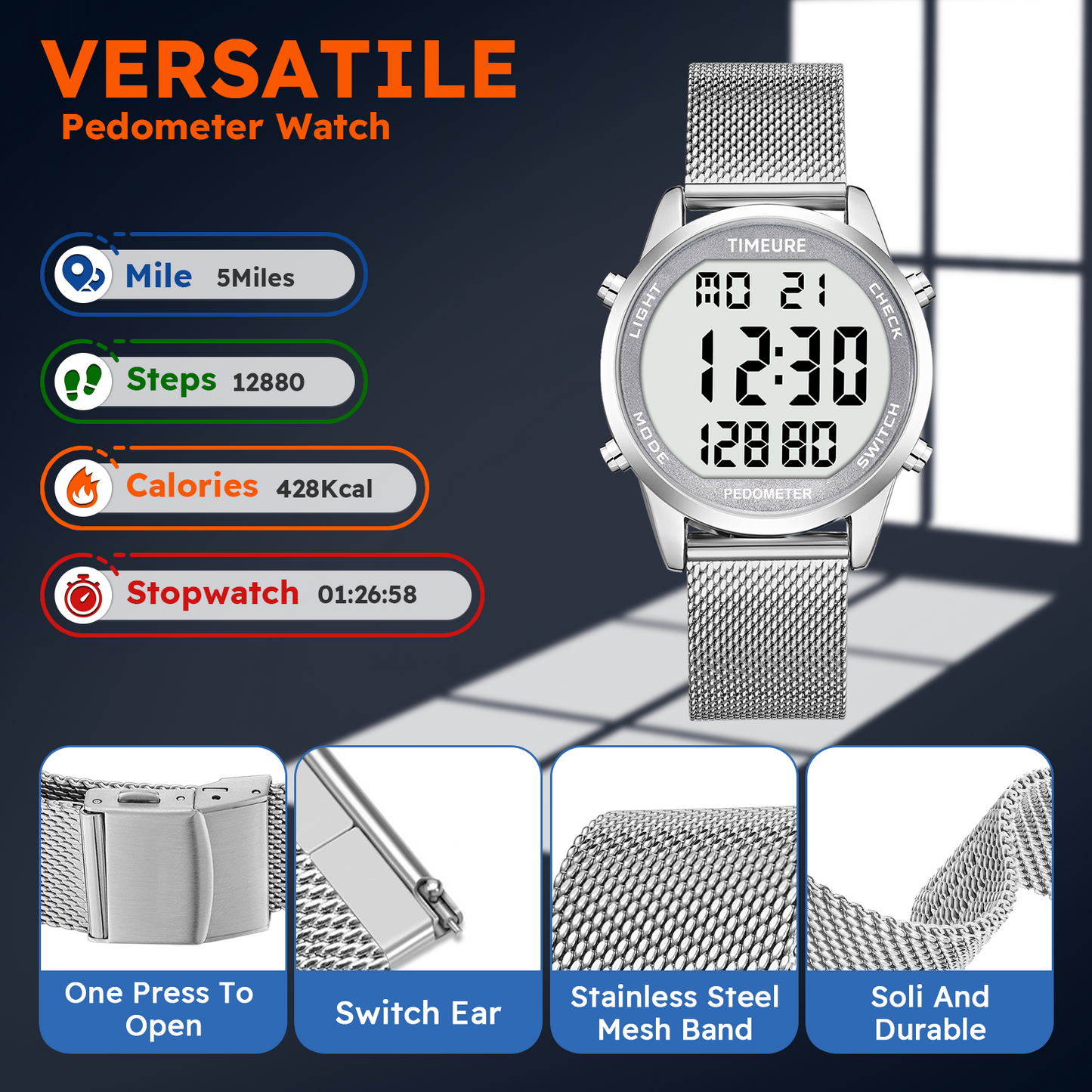 TIMEURE Waterproof Pedometer Watch 2306P Steel