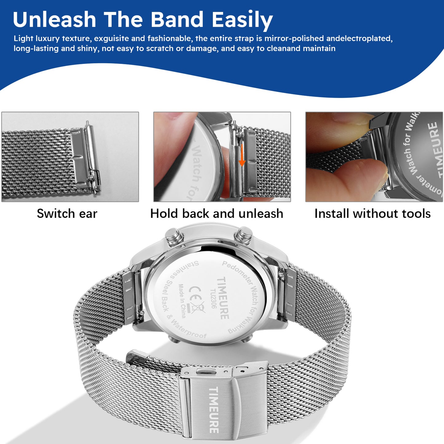 TIMEURE Waterproof Pedometer Watch 2306P Steel