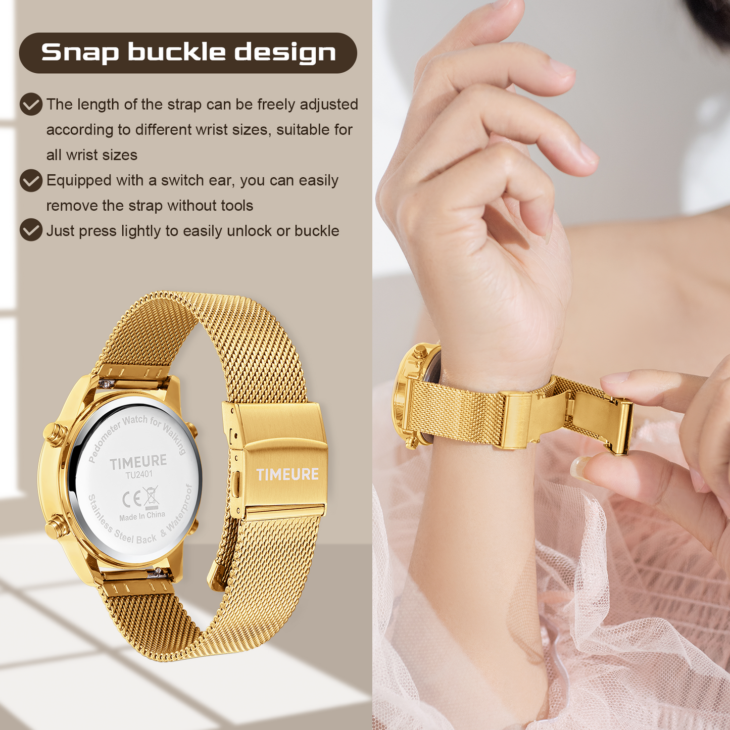 TIMEURE Ladies' Waterproof Pedometer Watch 2401-Steel Tape Crystals