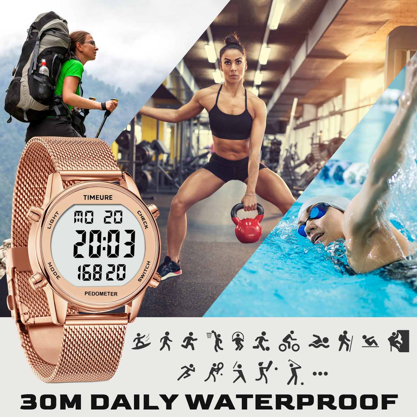 TIMEURE Ladies' Waterproof Pedometer Watch 2401-Steel Tape