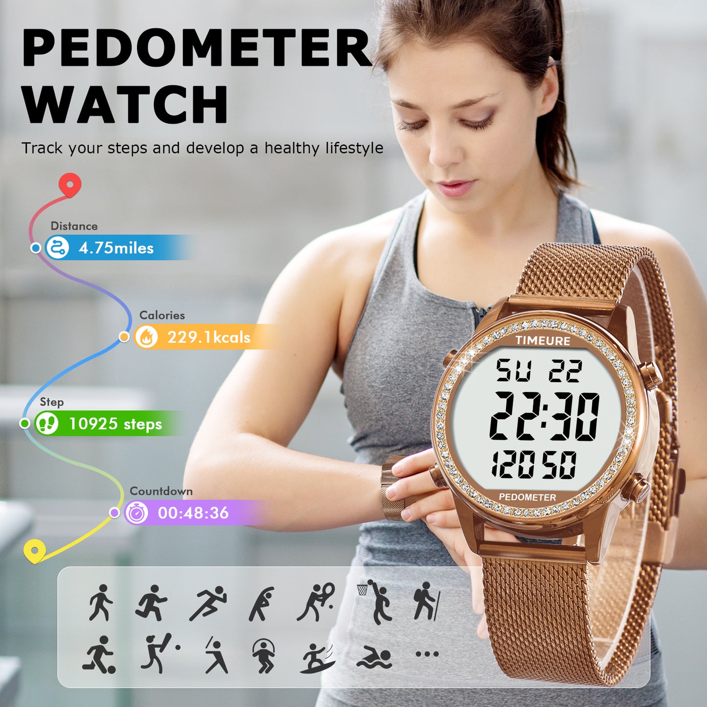 TIMEURE Ladies' Waterproof Pedometer Watch 2401-Steel Tape Crystals