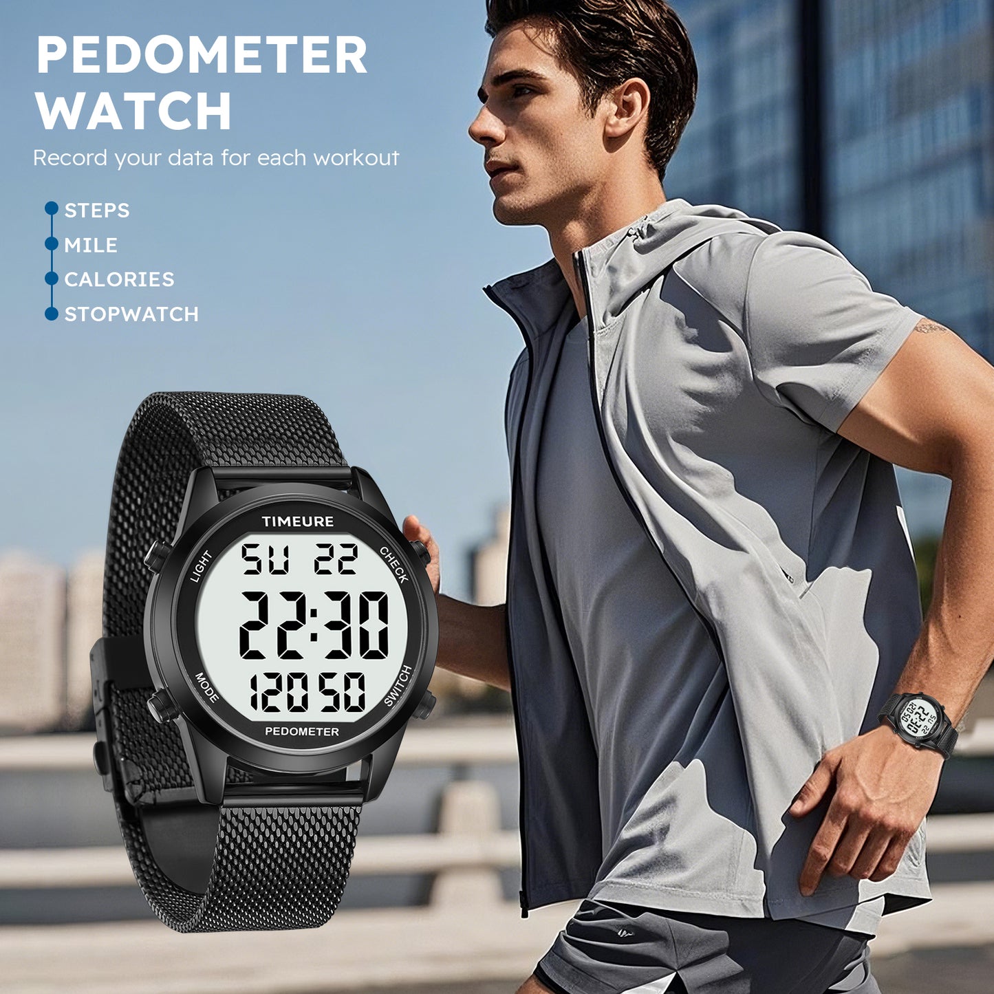 TIMEURE Waterproof Pedometer Watch 2306P Steel