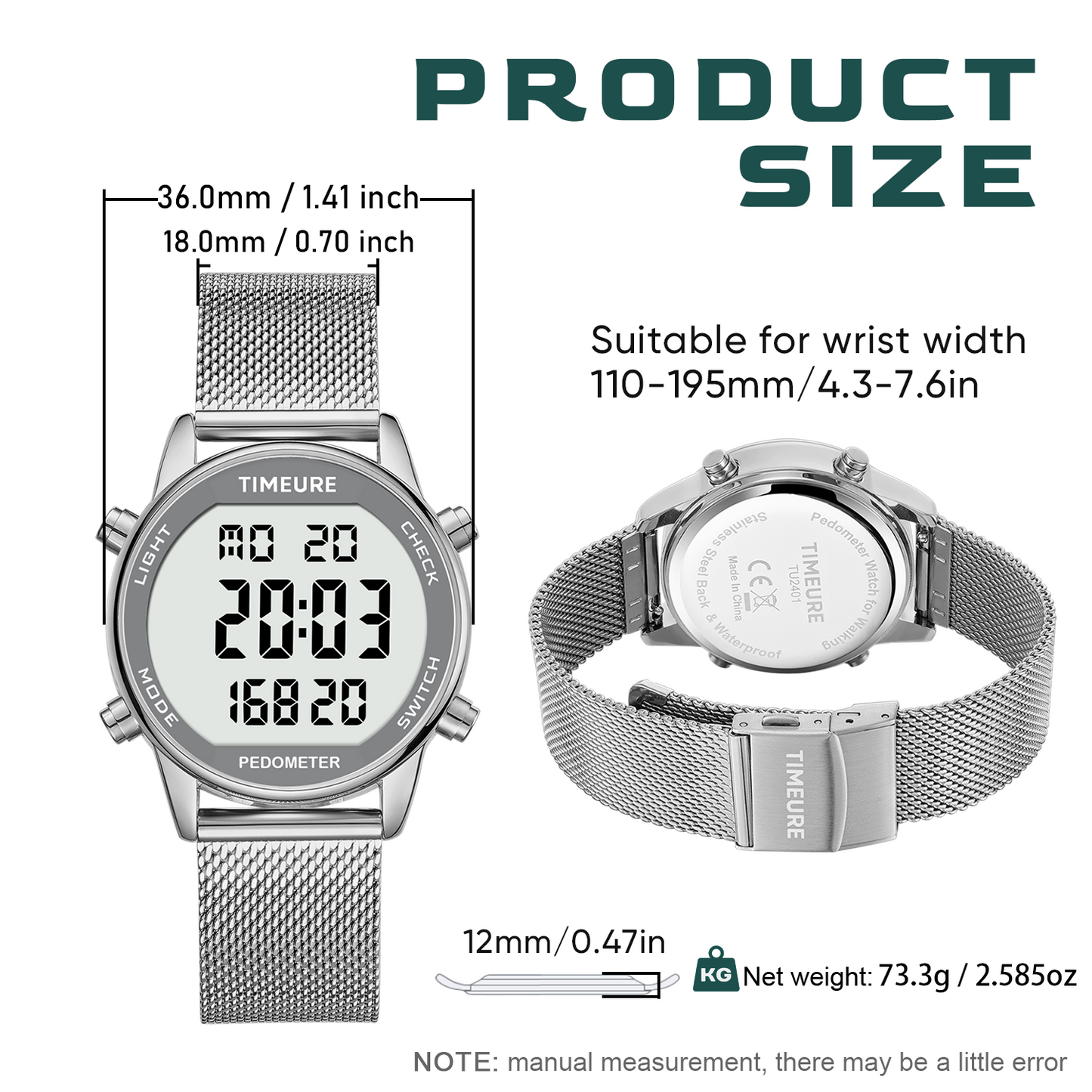 TIMEURE Ladies' Waterproof Pedometer Watch 2401-Steel Tape
