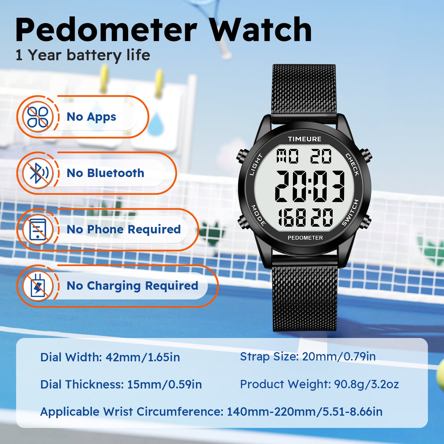 TIMEURE Waterproof Pedometer Watch 2306P Steel