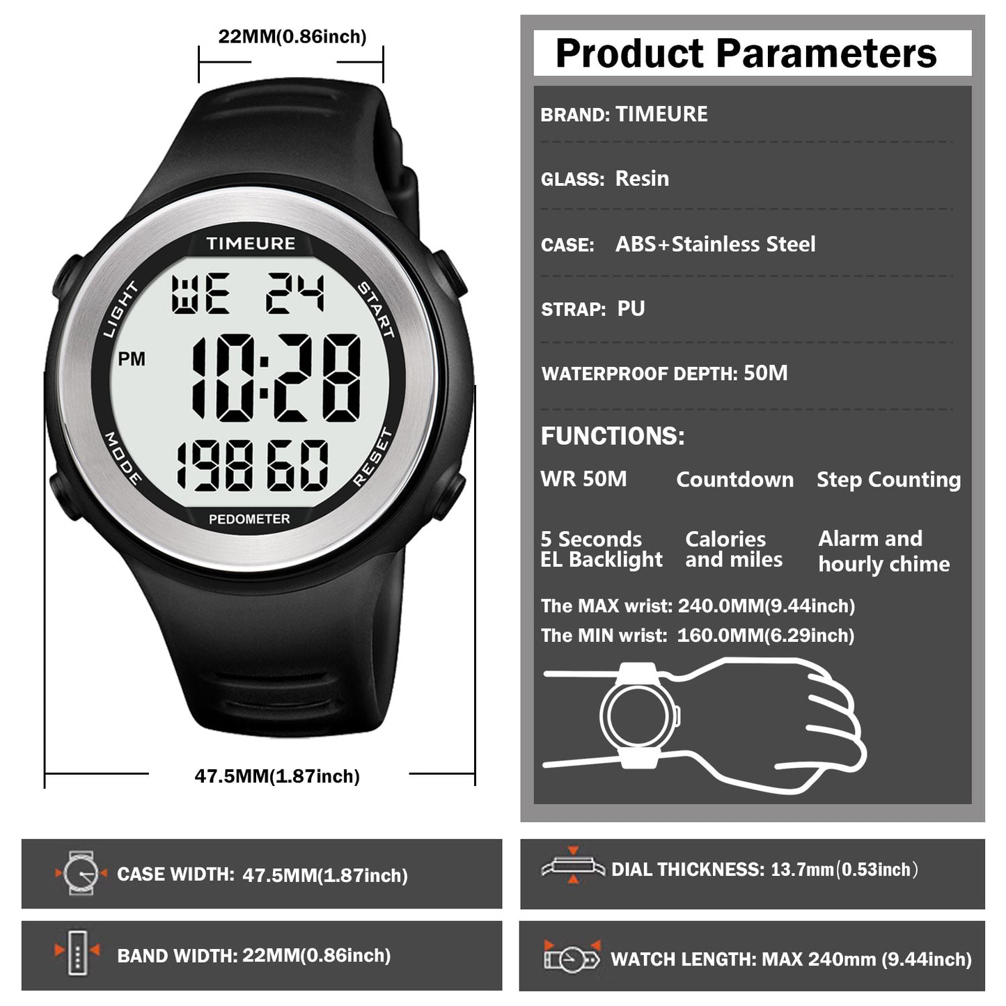 TIMEURE Waterproof Pedometer Watch 2308