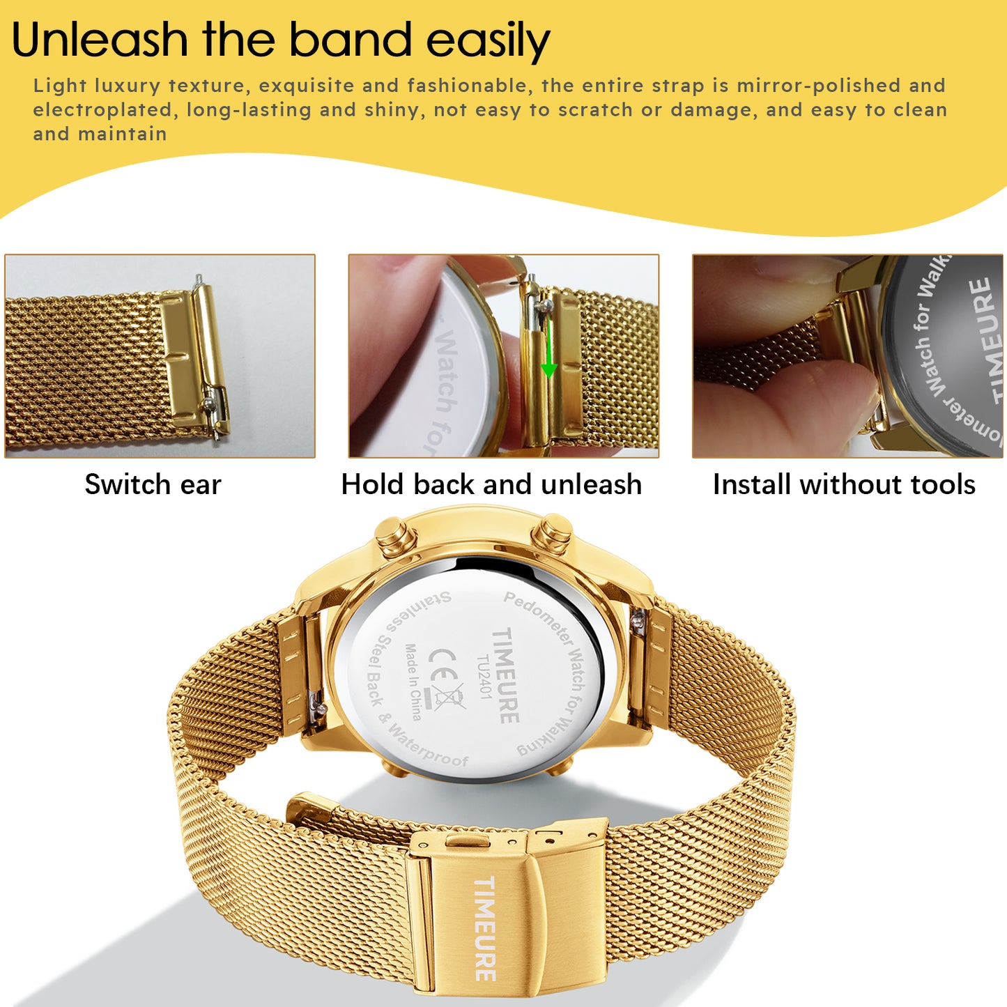 TIMEURE Ladies' Waterproof Pedometer Watch 2401-Steel Tape Crystals